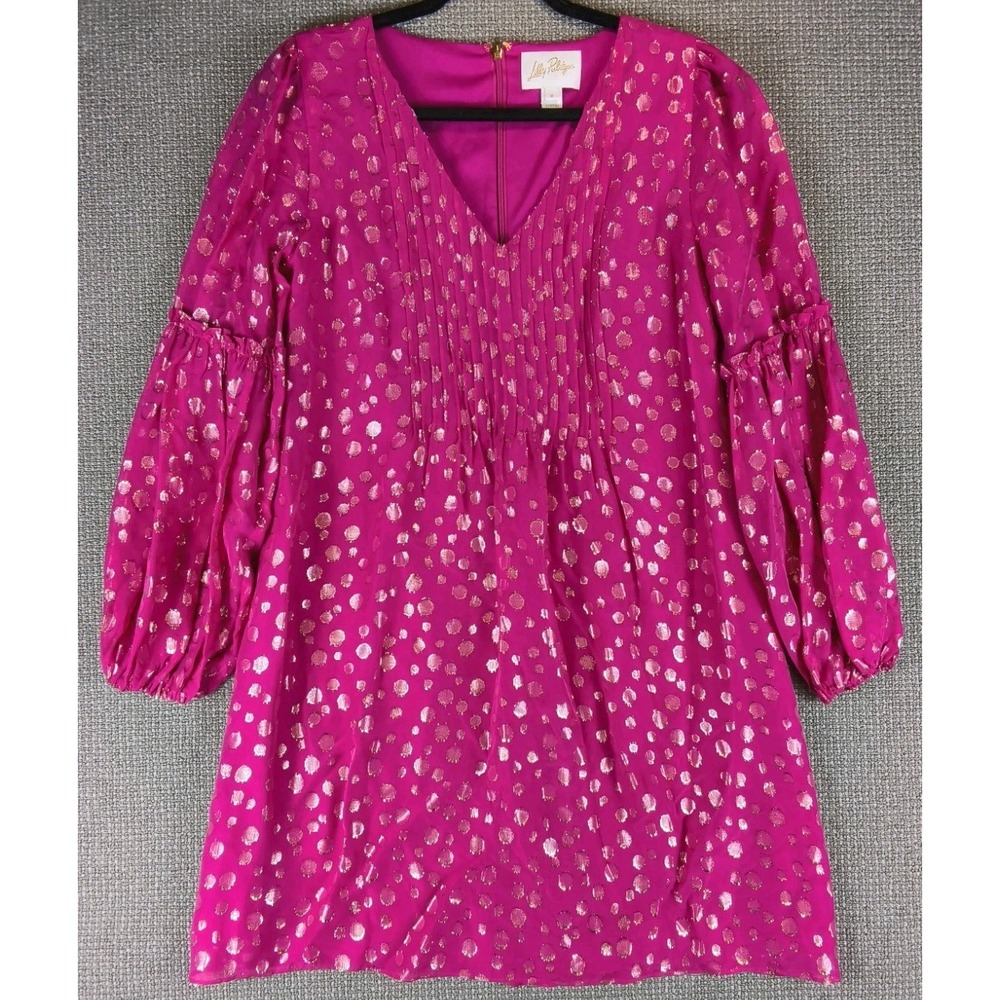 Lilly Pulitzer Cleme Metallic Long Sleeve Silk Chiffon Shift Dress